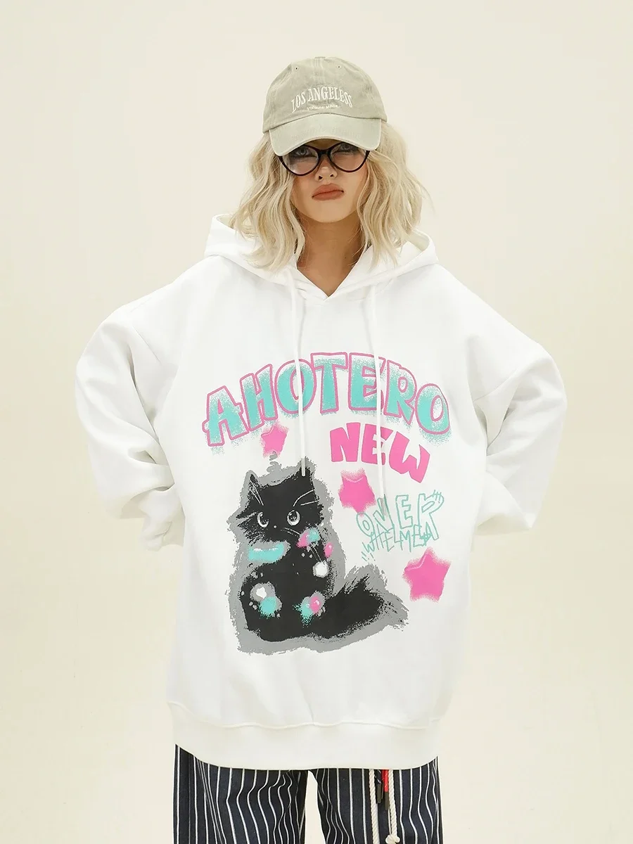 

Graffiti Cat Hoodies Women's 2024 Autumn New Loose Bf American Trendy Brand College Style Top