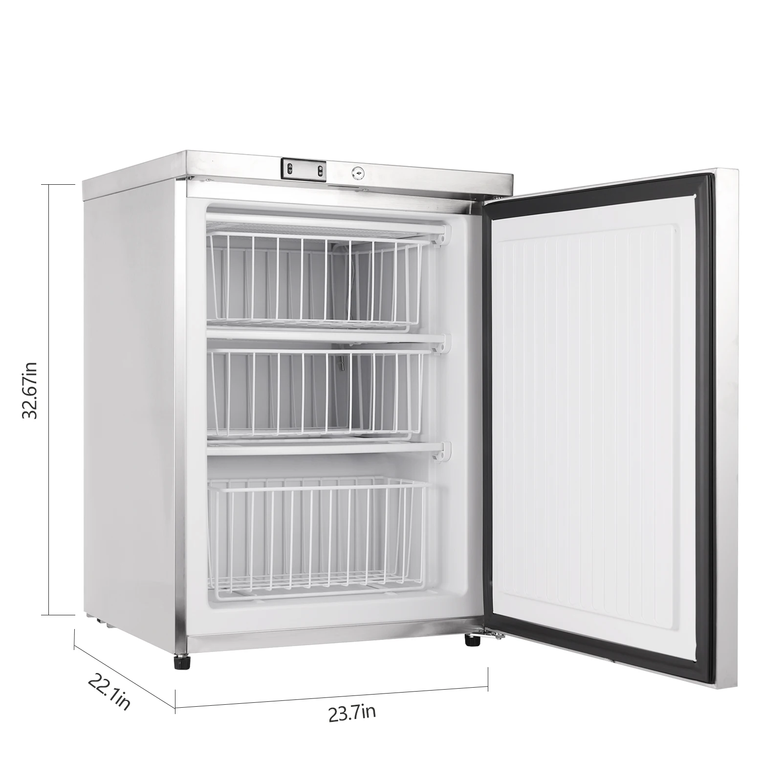 HCK Freezer, Undercounter Refrigerator with Stainless Steel Body, Electronic Temperature Control, Lockable Door, 3 Movable Baske