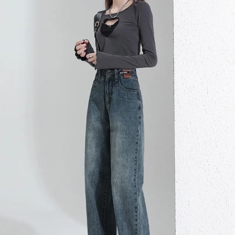 Pantalon à jambes larges taille haute pour femme, poches boutonnées, patchwork, mince, mode décontractée, élégant commpiedmont, automne et hiver 2023