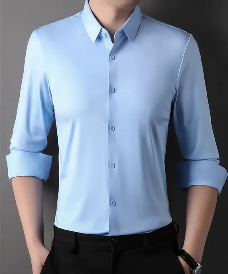 High Elasticity Men's Dress Shirt Casual Solid Color Non-iron Sommth Seamless Top Quality Slim Luxury Social Black Formal Shirts