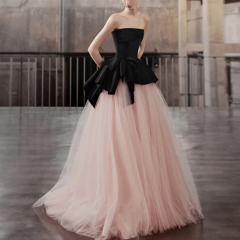 

2026 New Lovely Contrast Color Satin Evening Dresses Customized Korea Wedding Dress Photo Shoot Strapless Tulle Hem Prom Gowns