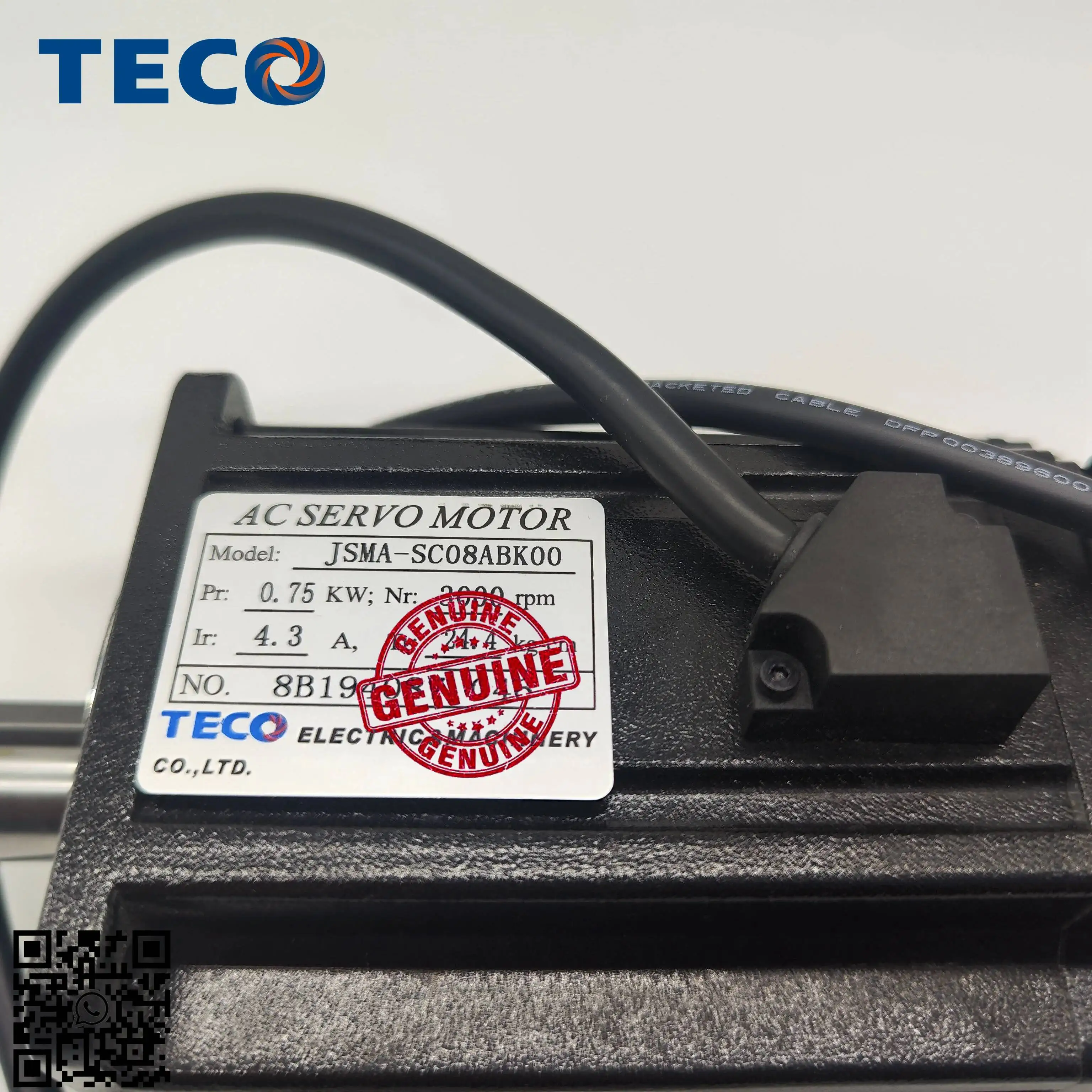 TECO 750w JSMA-SC08ABK00 or 01 AC 220V Servo Motor 3000 rpm 2500 ppr Encoder 24.4 kg.cm Torque 4.3A Match JSDEP-20A Servo Drive