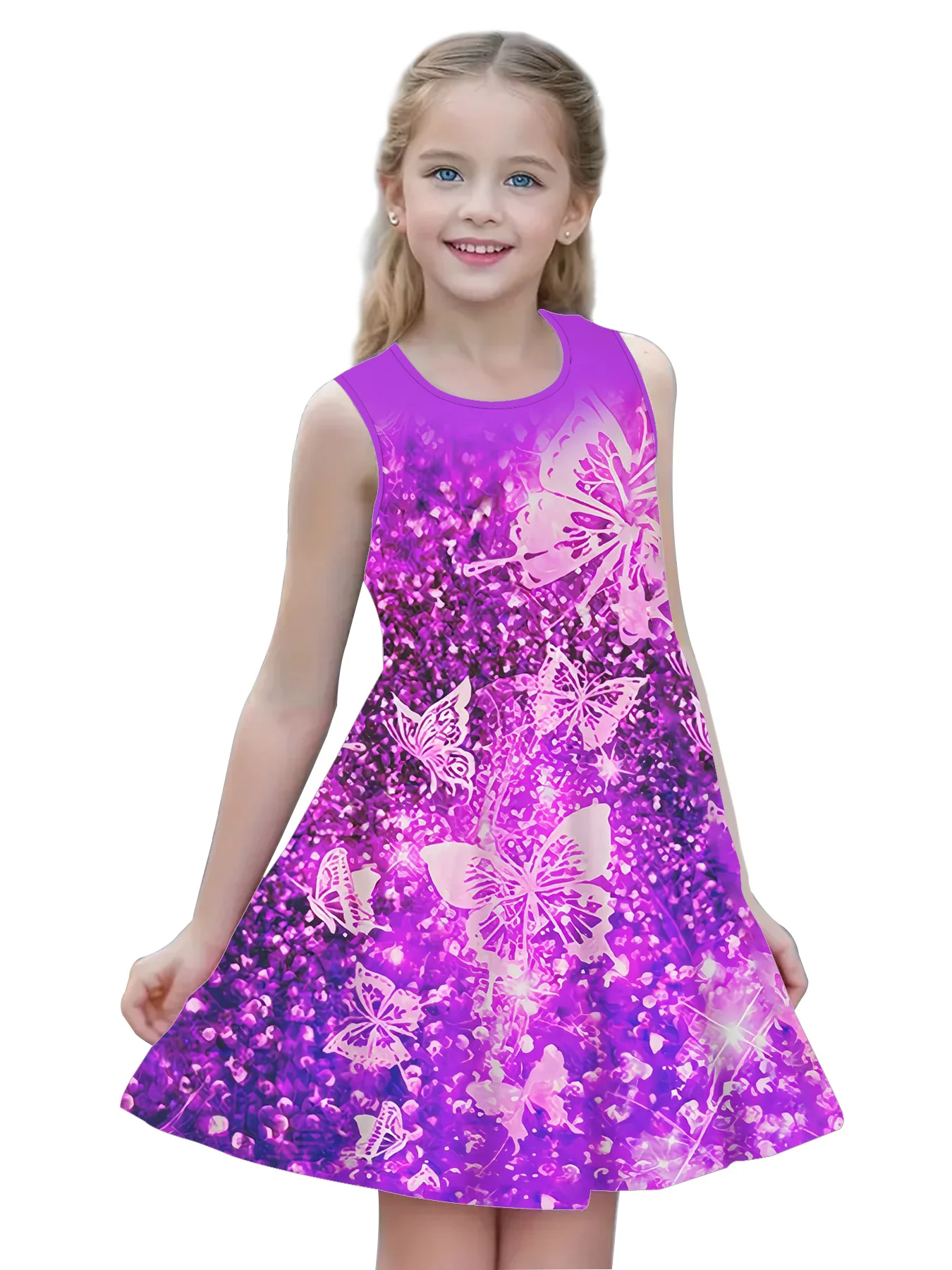 Girls' Dress with Floral Butterfly Pattern, Summer Sleeveless Medium-Stretch Soft Printed Princess Casual Dress