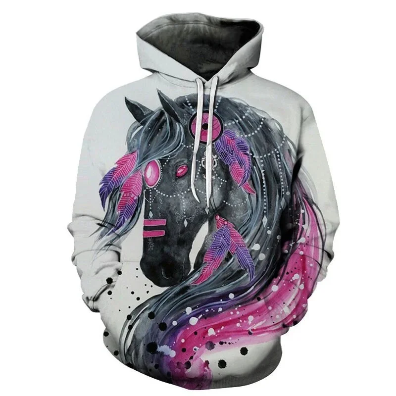 Fierce Horse 3D Printed Pattern Street Casual Hoodie Animal Harajuku Street Fashion Style Spring Autumn Large Hooded Sweatshirt