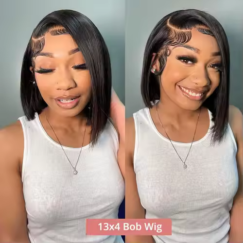 Straight Short Bob Wig Human Hair 13x4 Transparent Lace Front Wigs 200 Density Natural Black Bone Straight Short Human Hair Wigs - Image 2