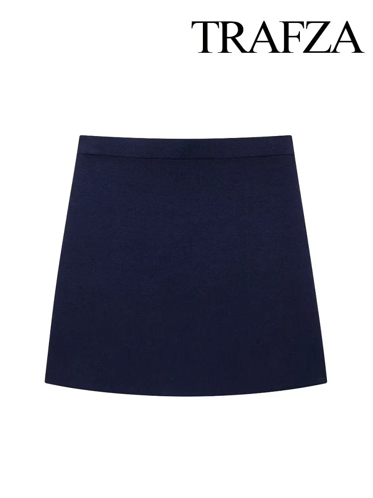 TRAFZA Women Summer Fashion Elastic Waist Solid Elegant Knitted Mini Skirt Woman Slim Casual High Street Short Skirt Mujer