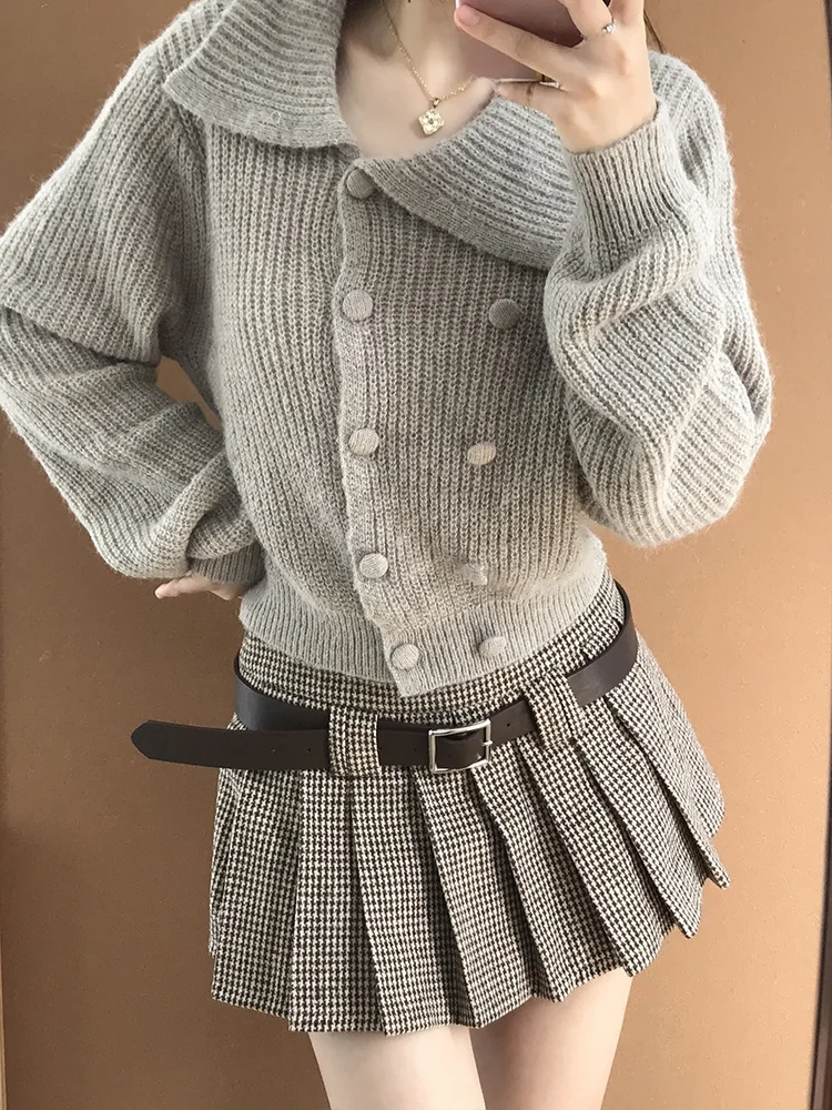 Cardigan tricoté rétro coréen pour femme, pull ouvert, taille haute, Slim, jupe plissée, ensemble Faion, nouvelle collection automne 2025