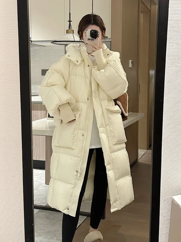 Women's Mid-length Puffer Coats, Down Jacket, Thick, Warm, Loose Hooded Outerwear, Korean Casual, Stylish, Snow, Female, Winter