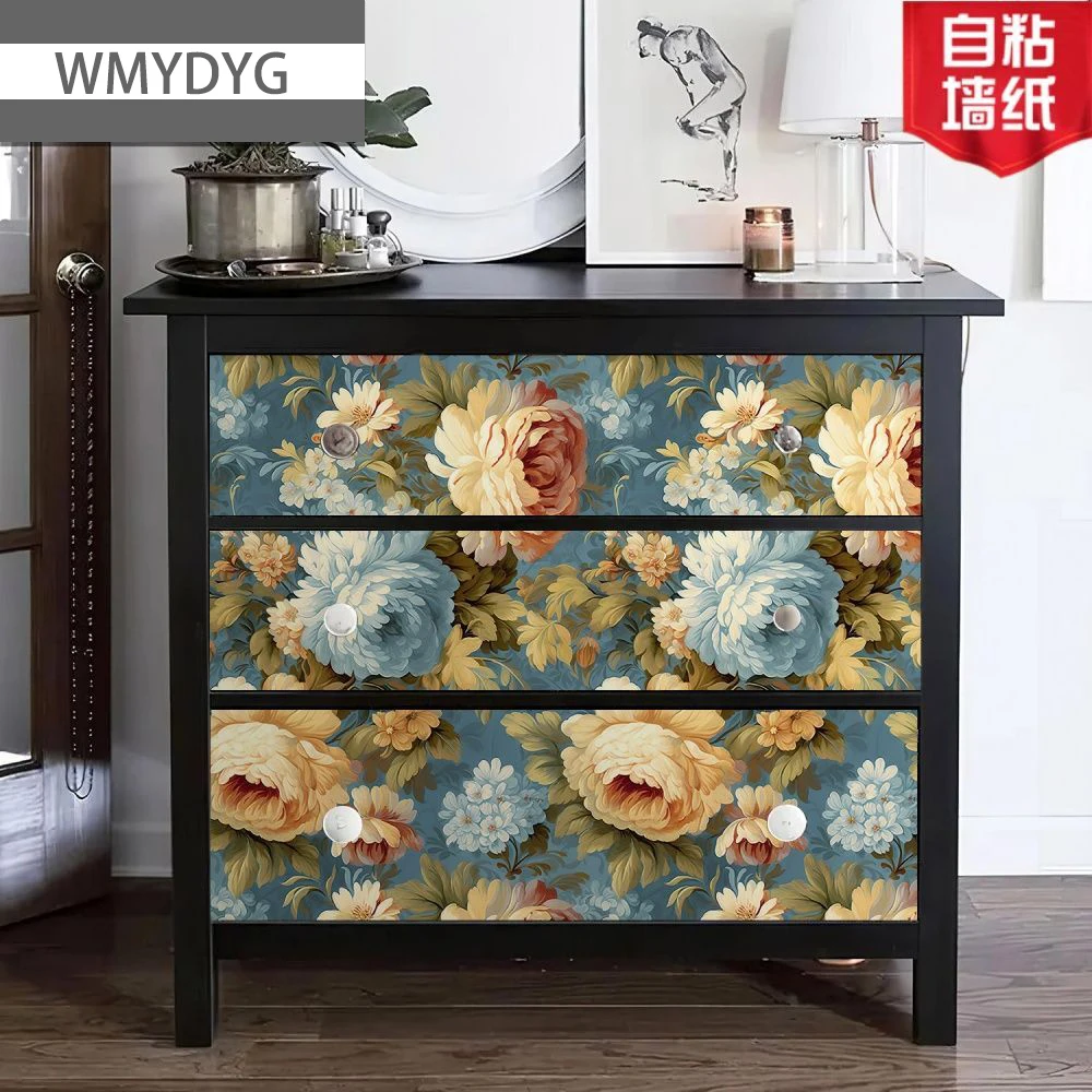 Vintage Blue Floral Peel and Stick Wallpaper Victorian Peony Removable Self Adhesive Wallpaper for Home Decor Wall Sticker