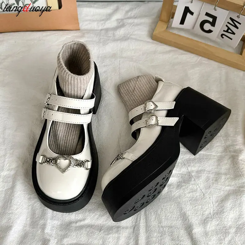 Chain Loafers Women Platform Autumn New High heeled Mary Jane shoes Round Toe Oxfords Shoes Ladies College style Lolita Shoes