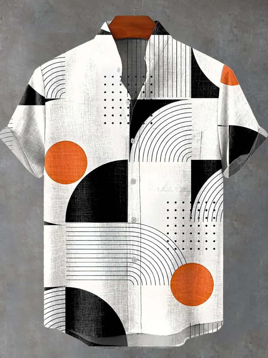 

Trendy 3D printed geometric pattern men's fashionable casual stand up collar button linen plus size shirt