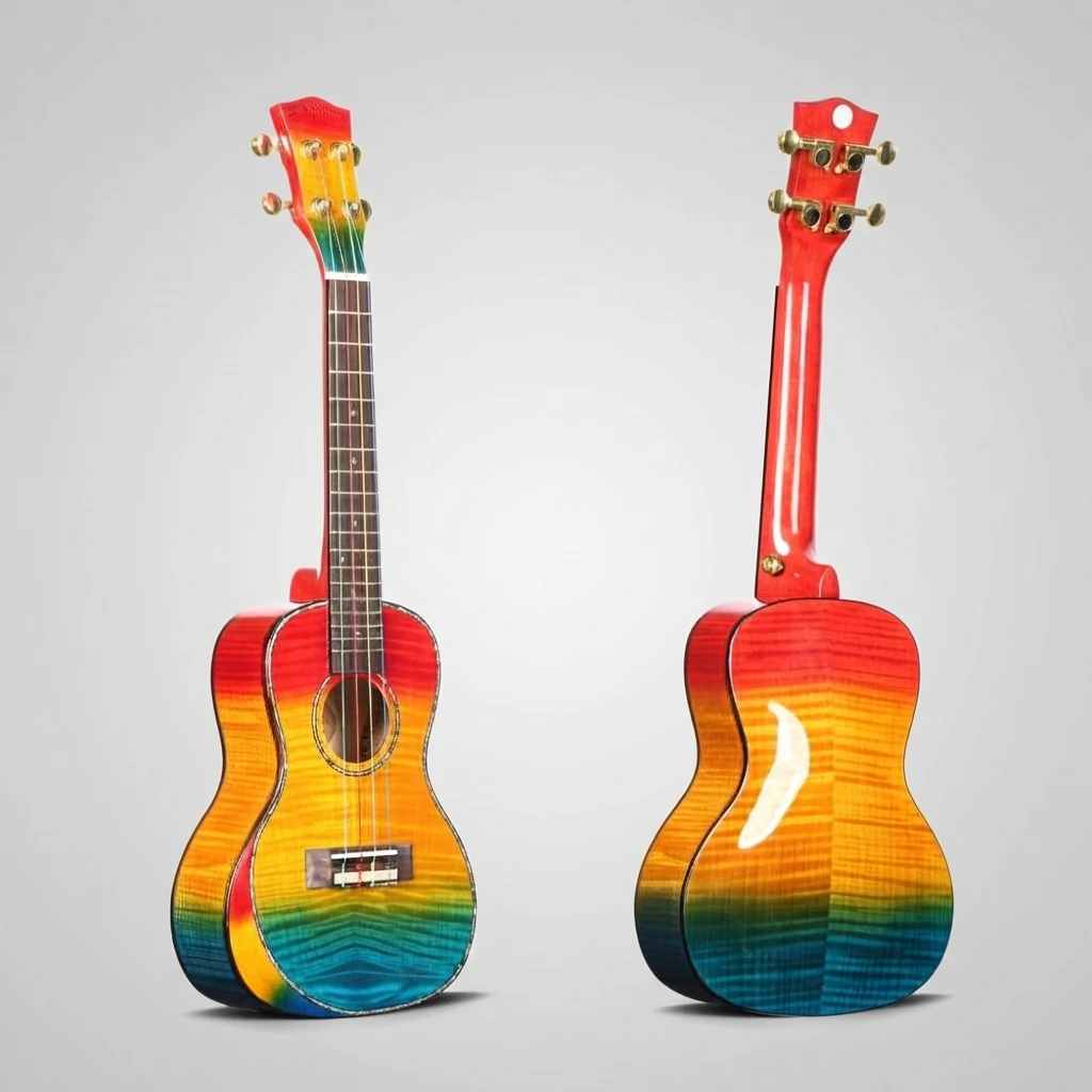 Multicolor Soprano Ukulele, Rainbow Gradient Gloss Body, Gold Tuners, Abalone Rosette, Premium Binding, 4 Strings for Beginners
