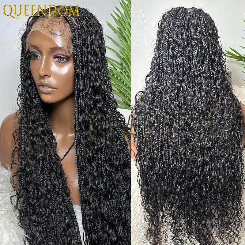 

36-дюймовый блондинка в стиле бохо, плетеный синтетический парик, полный кружевной фронт с вьющимися концами, богиня, локоны, косички без узлов, косички для женщин