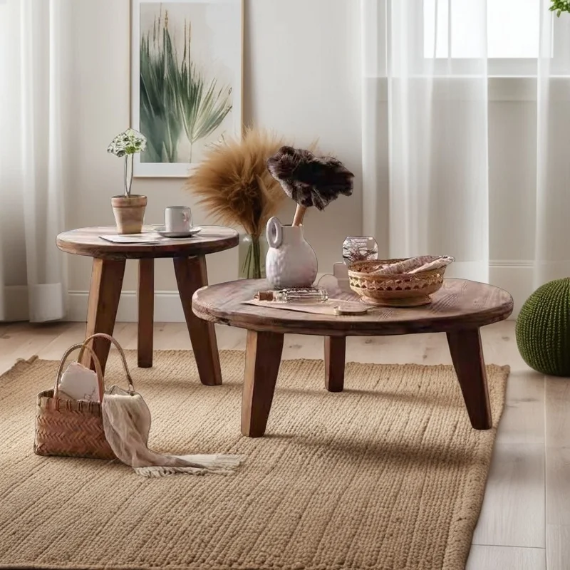 Solid wood round low coffee table Nordic old pine combination tea table