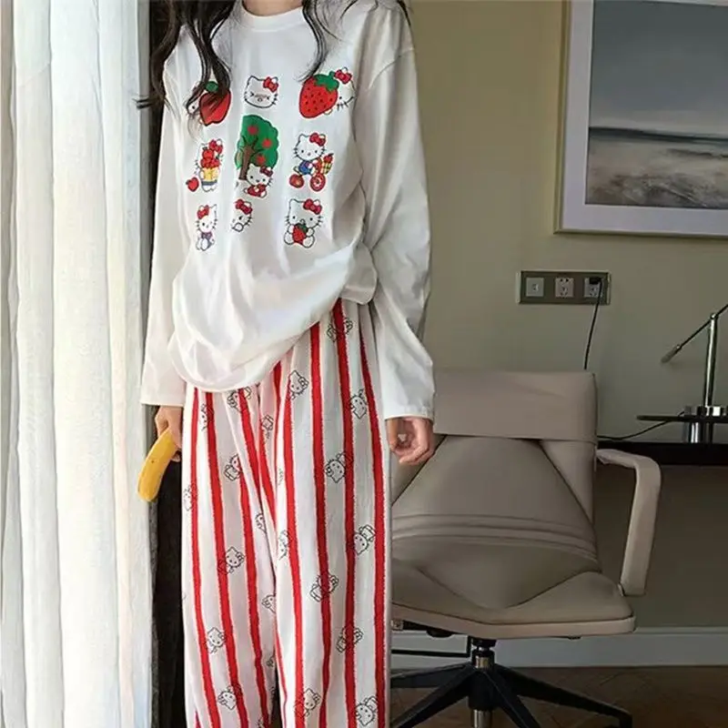 

Женский пижамный комплект Hello Kitty на осень-зиму с длинными рукавами, легкая домашняя одежда, готовая к улицу домашняя одежда с мультяшным принтом