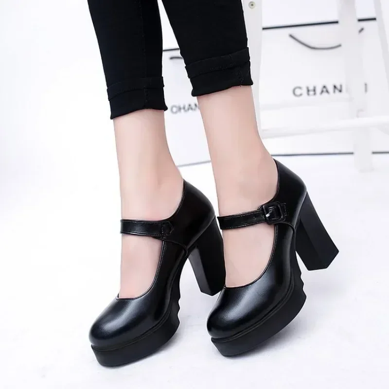 Women's Black High Heels Pumps Catwalk Sandals Soft-soled Leather Thick Heels Large Size Women's Shoes Elegant Woman Heels