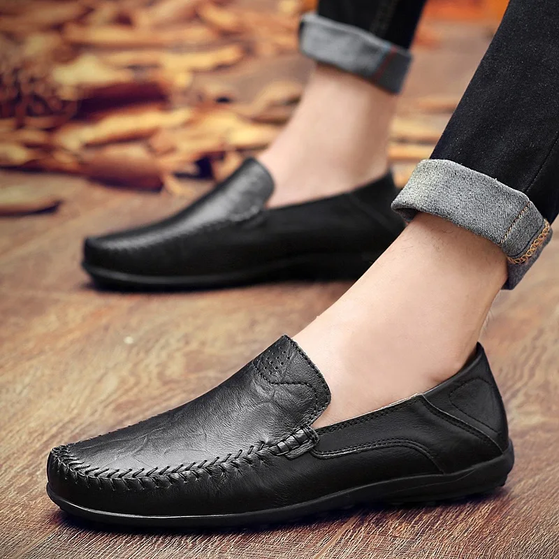 Leather Casual Shoes Flat-soled Fashion Outdoor Business Loafers  Men Driving Shoes Hollow-out Ventilate Slip on Men's Shoes