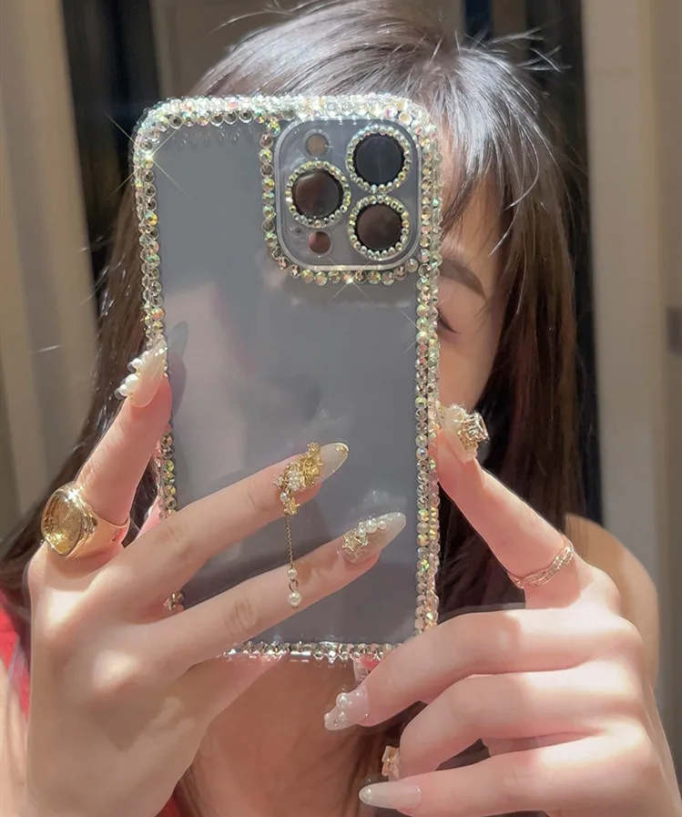 Bling Rhinestone Gem Diamond Case for iPhone 16 15 14 13 12 11 Pro Max XS XR 7 Plus Luxury Glitter Camera Lens Protector Cover