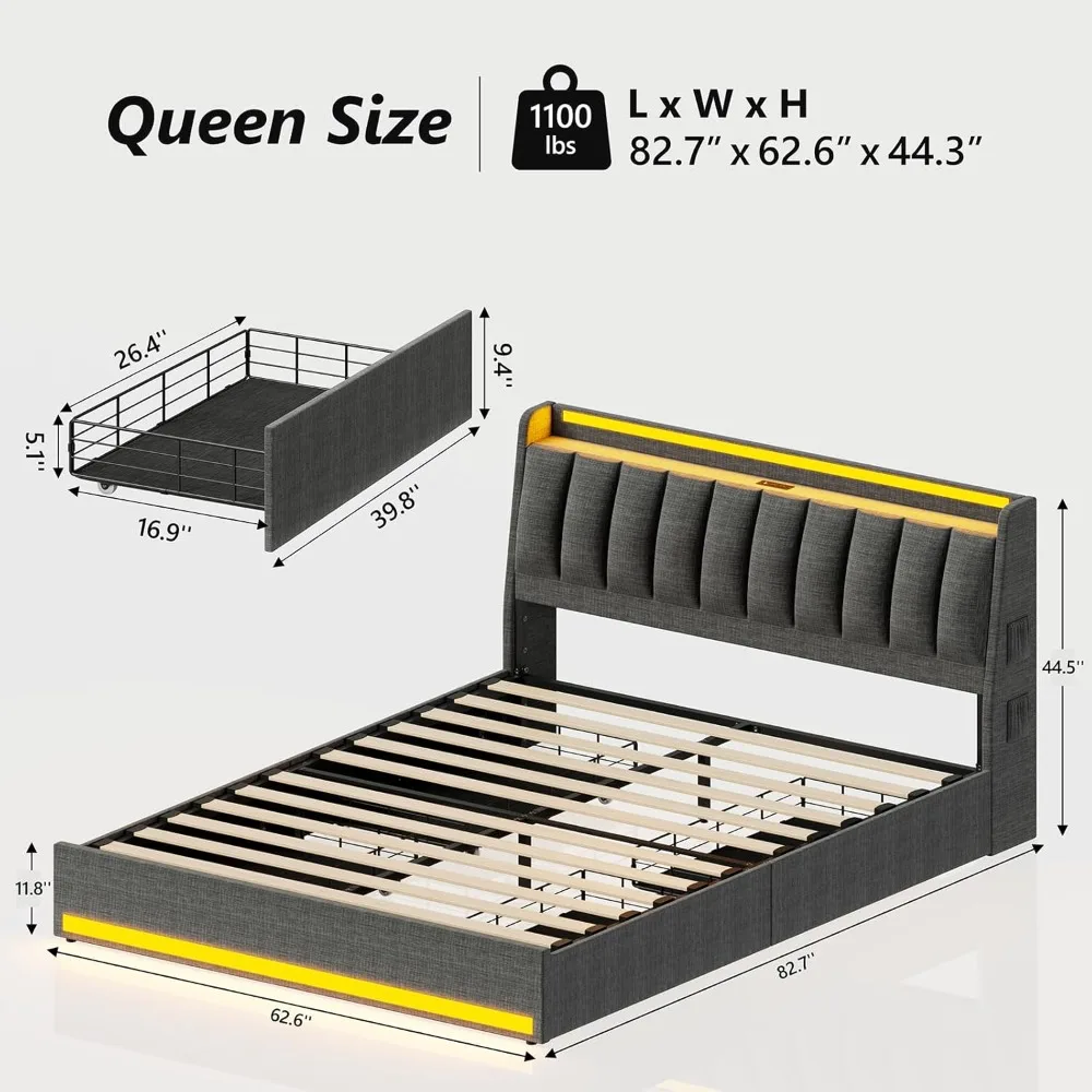 Queen Size Bed Frame with 4 Storage Drawers,Charging Station,Adjustable RGB LED Light,Upholstered Headboard with hidden storage