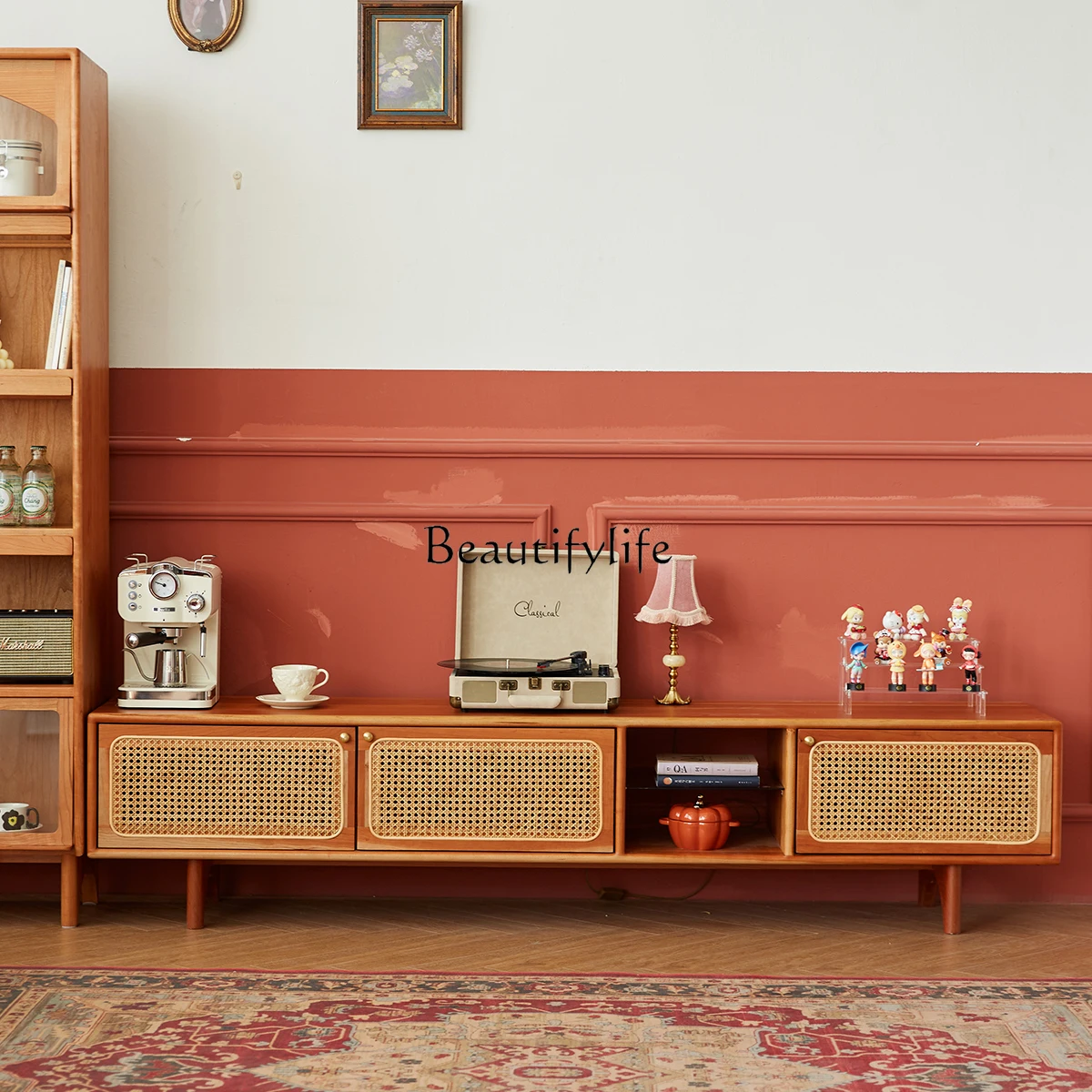 

01Solid wood retro storage TV cabinet, cherry wood simple rattan living room TV cabinet