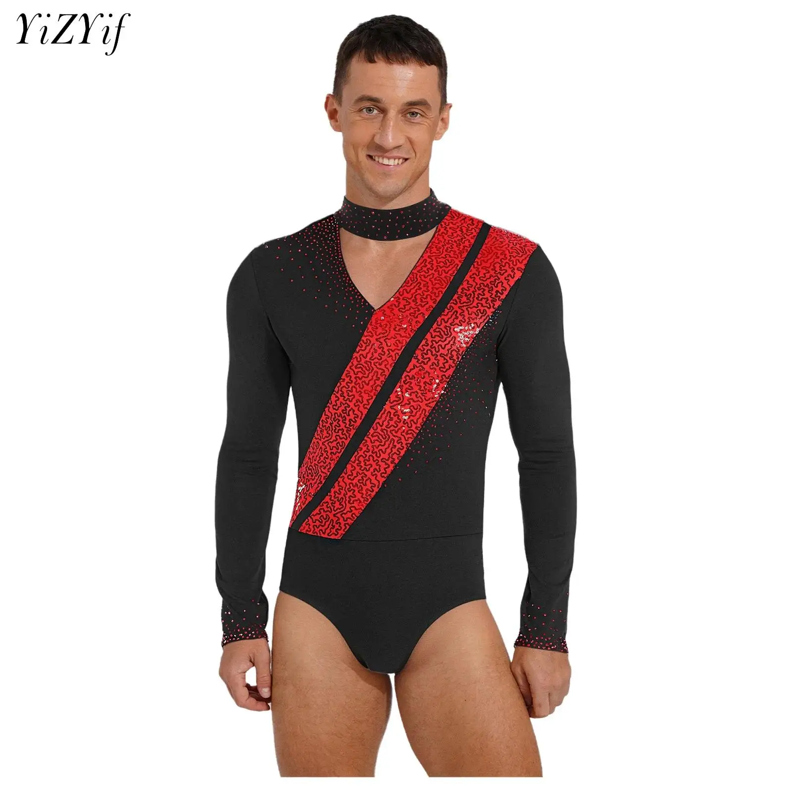 

Mens Tango Latin Dance Costume Shiny Sequins Long Sleeve Leotard Jumpsuit Ballet Gymnastics Figure Skating Performance Dancewear