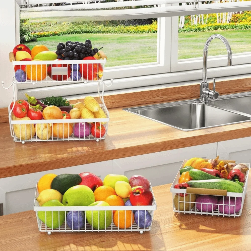 

Wrought Iron 2 Tier Fruit Basket Detachable Wooden Handle Kitchen Fruit Vegetable Storage Rack With Hook Space-saving