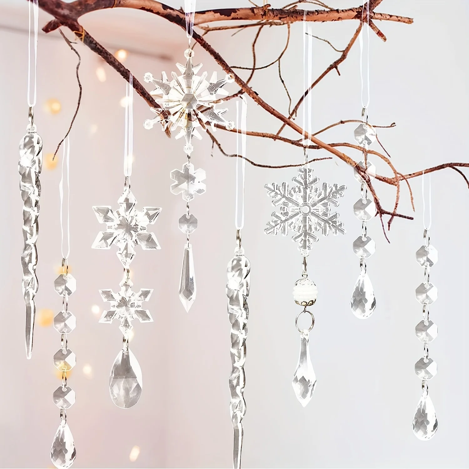 10pcs Christmas Tree Decorative Crystal Pendant Acrylic Christmas Snowflake Icicle Crystal Pendant Winter Party Supplies