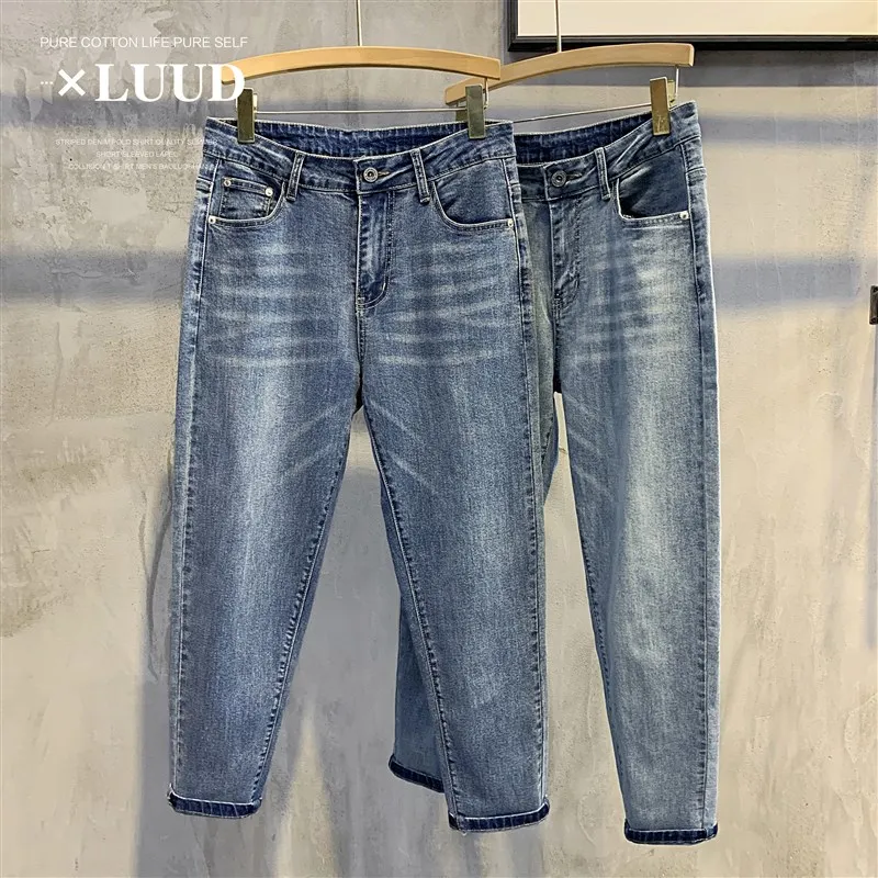 

Мужские летние джинсы Slim Fit из тонкого денима, модные повседневные брюки с 9 прорезями, средней посадкой, на молнии, дышащие, приятные к телу