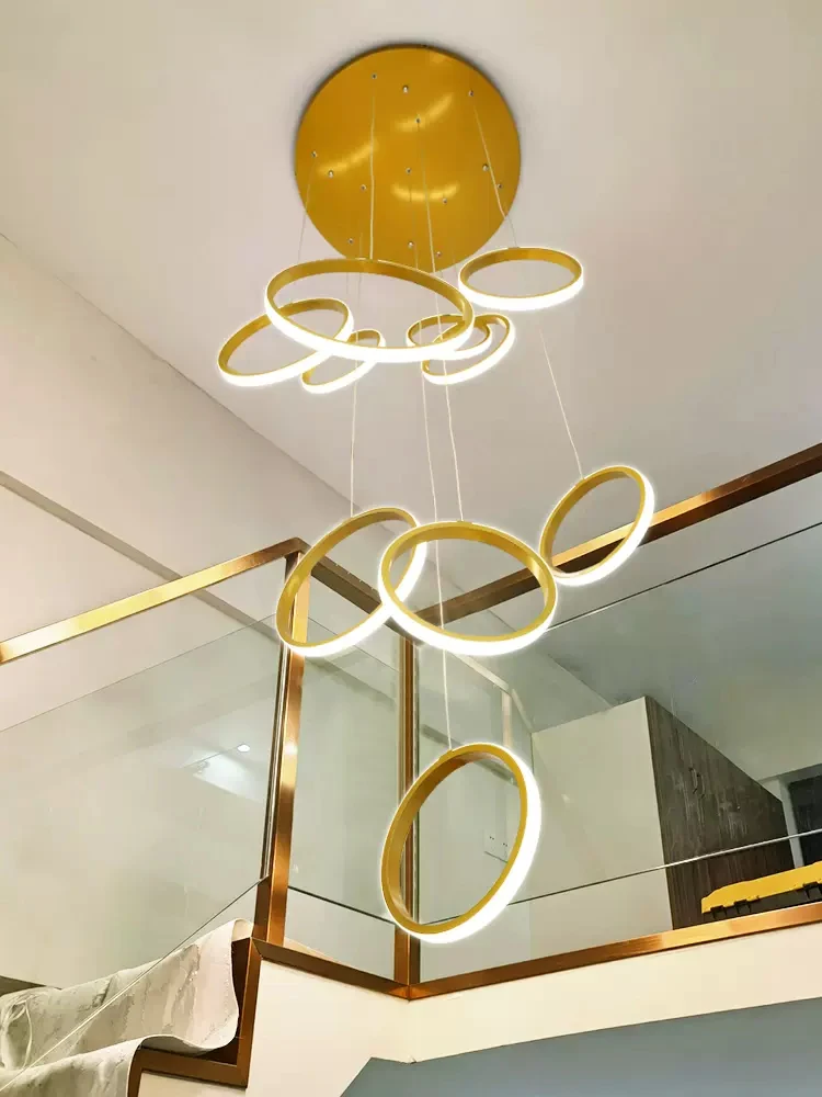 Nordic Apartment Loft Duplex Building Gold Large Chandelier Villa Suspended Living Room Chandelier Rotating Staircase Circular C