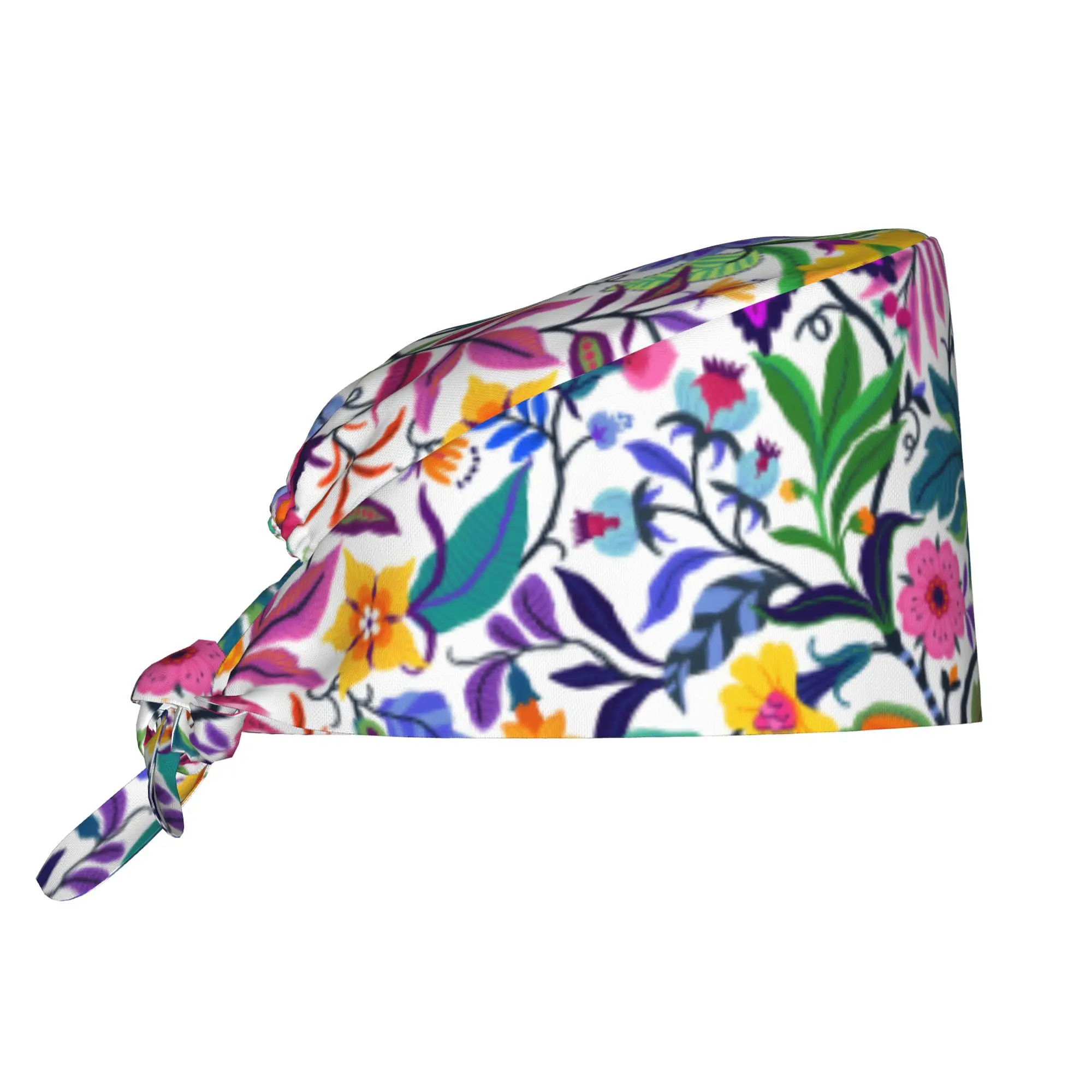 1pc Plants Flowers Unisex Stylish Work Cap Lightweight Adjustable Skull Cap Tie-Back Nurse Hat Dustproof Chef Cooking Cap