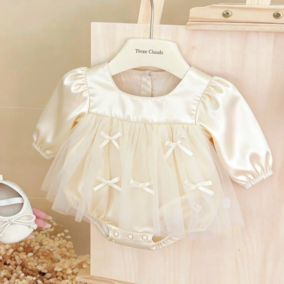 Girls Onesie 2026 Spring and Summer New Childrens Clothing Korean Style Girl Baby Solid Color Thread Fungus Edge Splicing Onesie