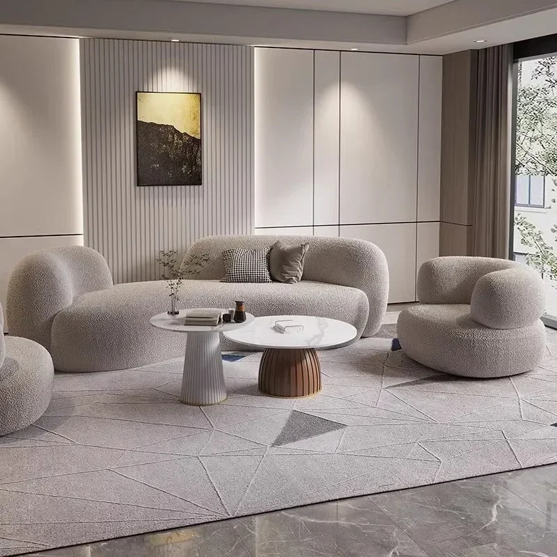 Luxury Lambskin Fabric Curved Sofa And Coffee Table Modern Minimalist Living Room, Beauty Salon, And Clothing Store Furniture