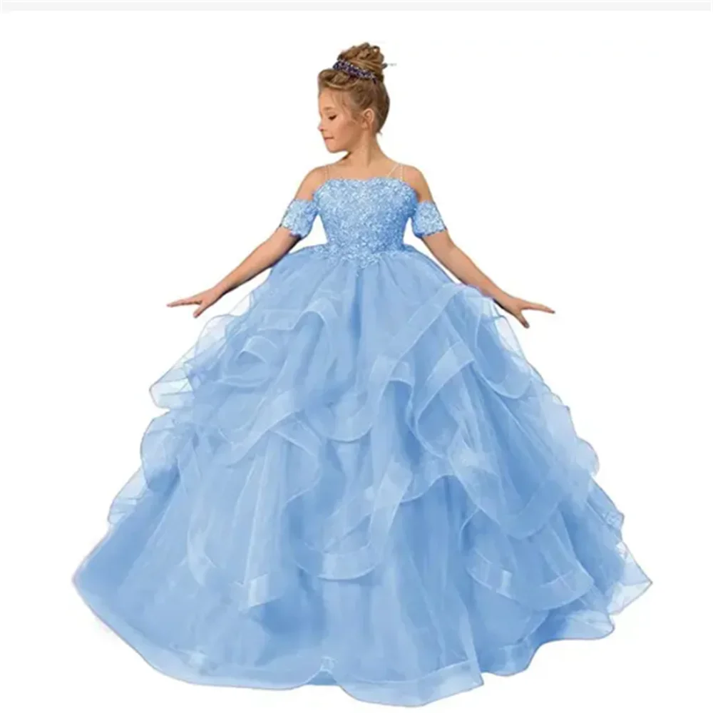 Elegante inchado vestido da menina de flor tule em camadas apliques manga curta para festa aniversário casamento banquete vestidos princesa banquete