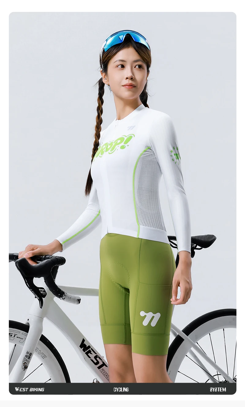 WEST BIKING Damen Fahrradtrikot Langarm Atmungsaktiv Schnelltrocknend Weiß Grün Racing Slim Fit Fahrradbekleidung Sommer-Reitoberteil – Detail 17