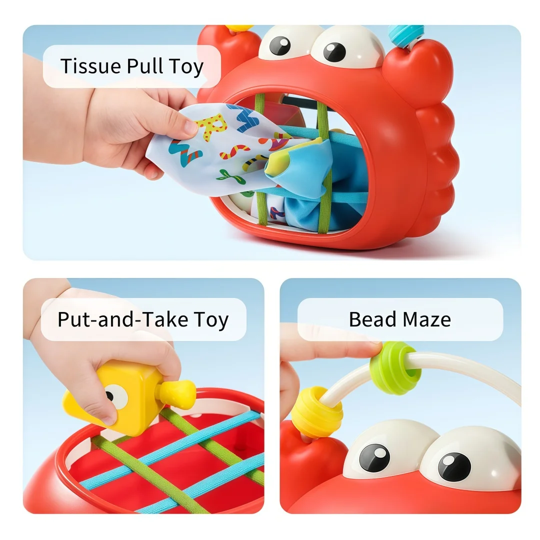 Montessori Baby Crab Stuff & Pull Play Set Tissue Pull Toy Stacking Blocks Rattle Mirror Early Toy for Newborn 0M+