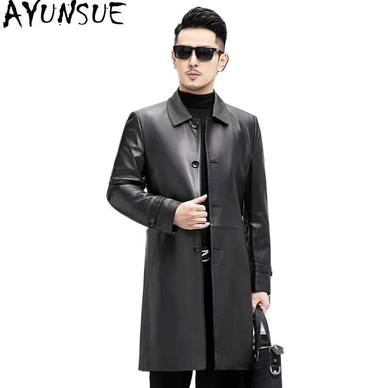 

AYUNSUE New Autumn Winter Genuine Leather Jackets Man Mid-length Real Sheepskin Leather Coat Single-breasted Casual Windbreaker