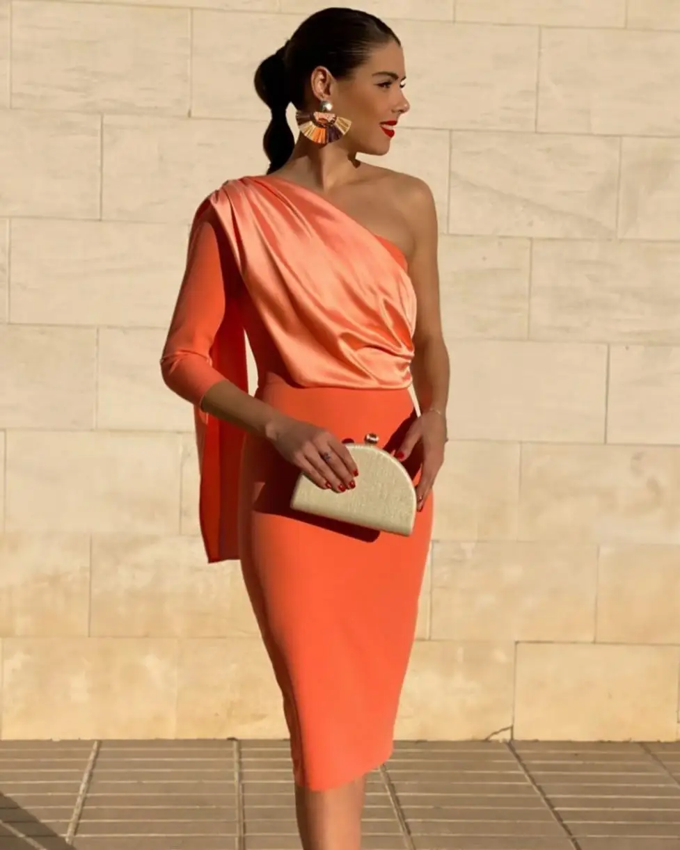 2023 New Long Sleeve Short Cocktail Party Dress With Cape One Shoulder Women Sexy Orange Prom Gown robes de soirée فساتين السهرة