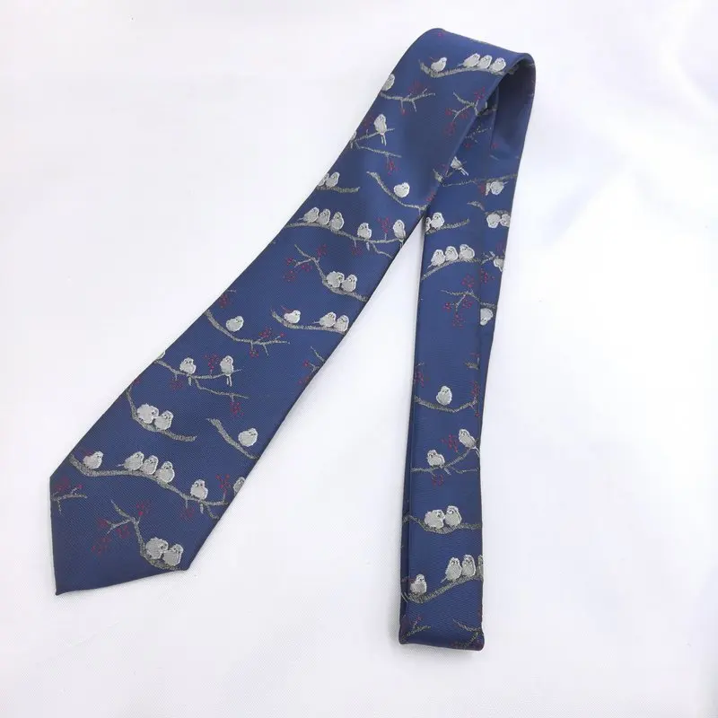 Fashionable Business Men's Navy Blue Tie with White Chinese-style Bird Hand-Tied 8cm Wide Collar