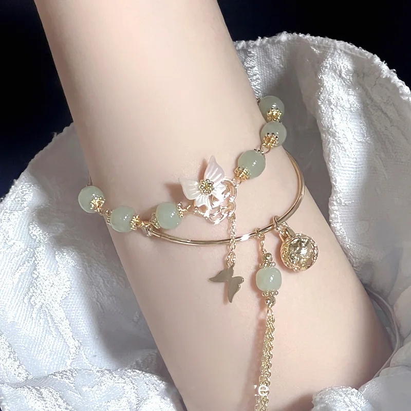 Butterfly Shadow Imitation Hotan Jade Bracelet Exquisite Chinese Women's Beaded Palace Bangle Set Jewelry Accessories