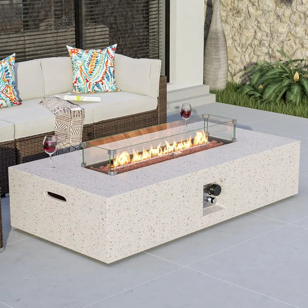 

Outdoor Propane ire Pit Table 56" x 28" RecBeige Compact Concrete-Like inish, Certiied, 50,000 ,Wind Guard, Tank Outside, ree La