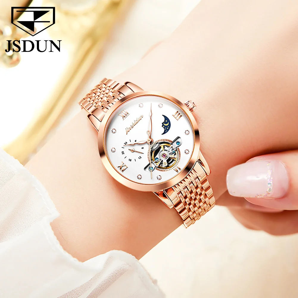 JSDUN Original Lady Automatic Mechanical Wrist Watch Waterproof Moon Phase Fashion Women Watches High Quality Watch for Women