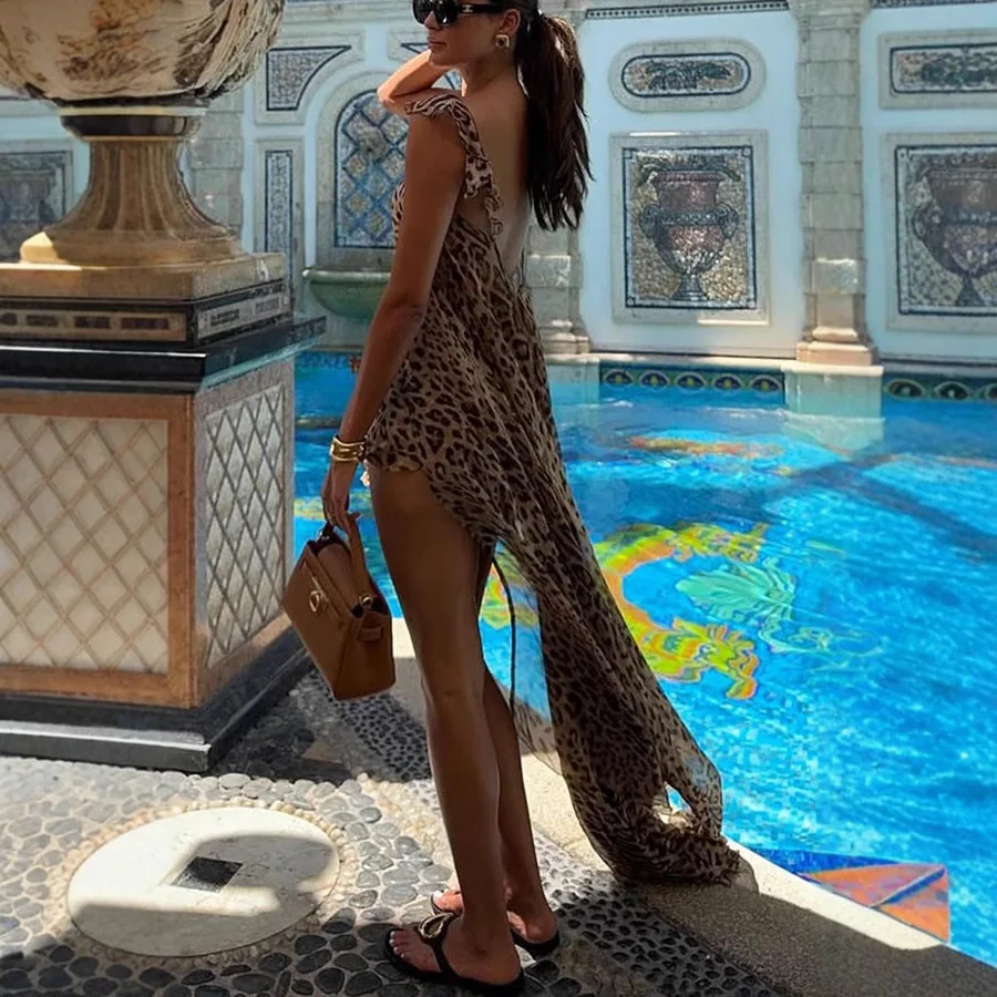 DSMTRC Sexy Leopard Printed Short Two Pieces Set Women Chiffon Lace Up Open Long Dress+Shorts Holiday Outwear Outfits for Summer