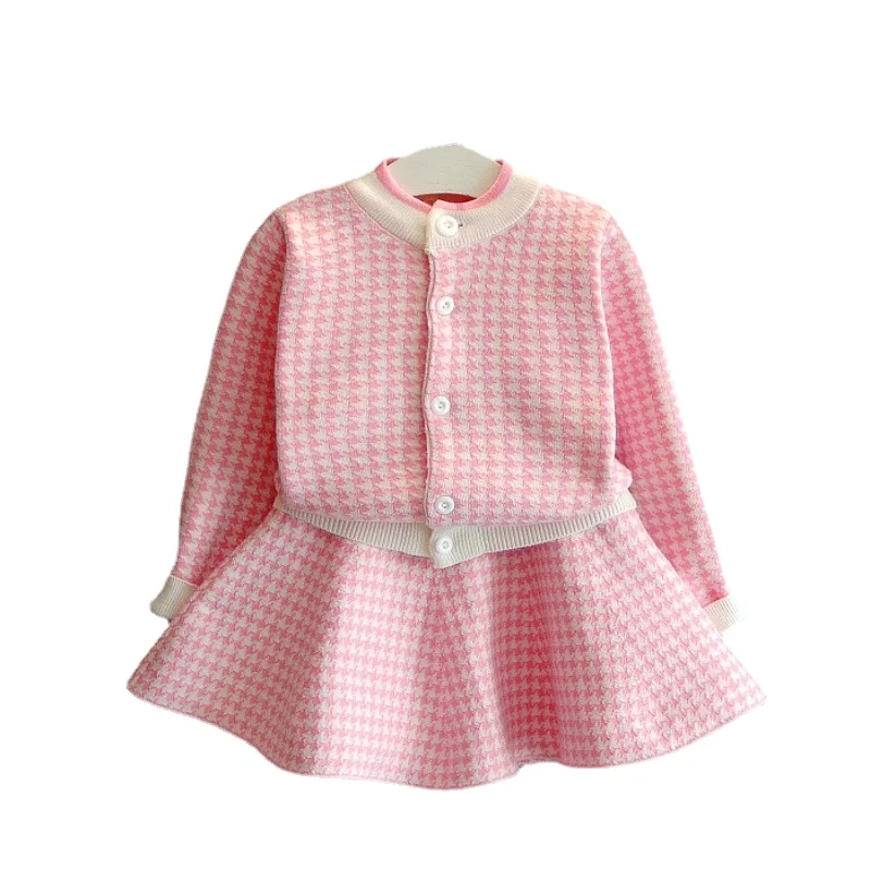 Girls Sets Children\'s Clothing Suits Autumn Winter New Plaid Korean Fashion Knitted Cardigan Sweater+ Short Skirt Kids Outfits