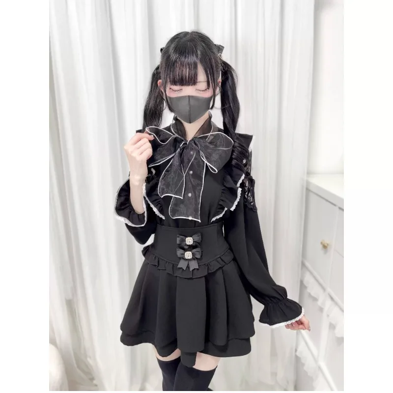 2025 Summer Mesh Big Bow Off-the-shoulder Lace Strap Flying Sleeve Shirt Japanese Mass-produced Mine Series Long Sleeves Blouse