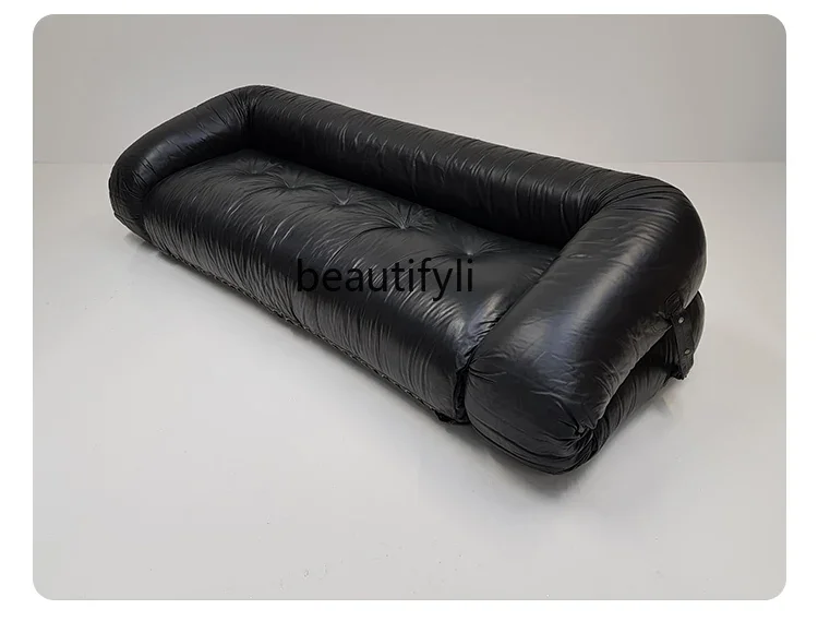 

Black Leather Floor Lazy Sofa Simple Small Apartment Living Room Bedroom and Household Italian Retro