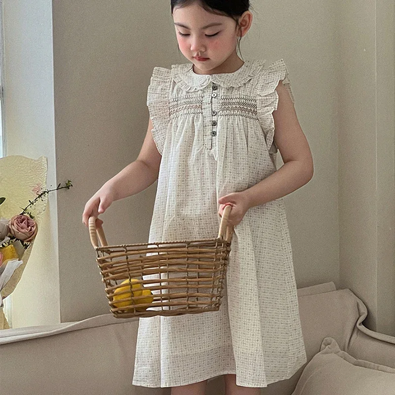 2026 New Summer 2-8Yrs Baby Girl Birthday Party Dress Flying Sleeve Cotton Print Kids Princess Dresses Sister Clothing