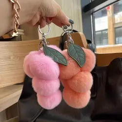 Lovely Grape Pom Poms Keychains Fluffy Pompoms Keychain Rex Rabbit Fur Pompoms Keyring Car Key Chain Pendant Accessories