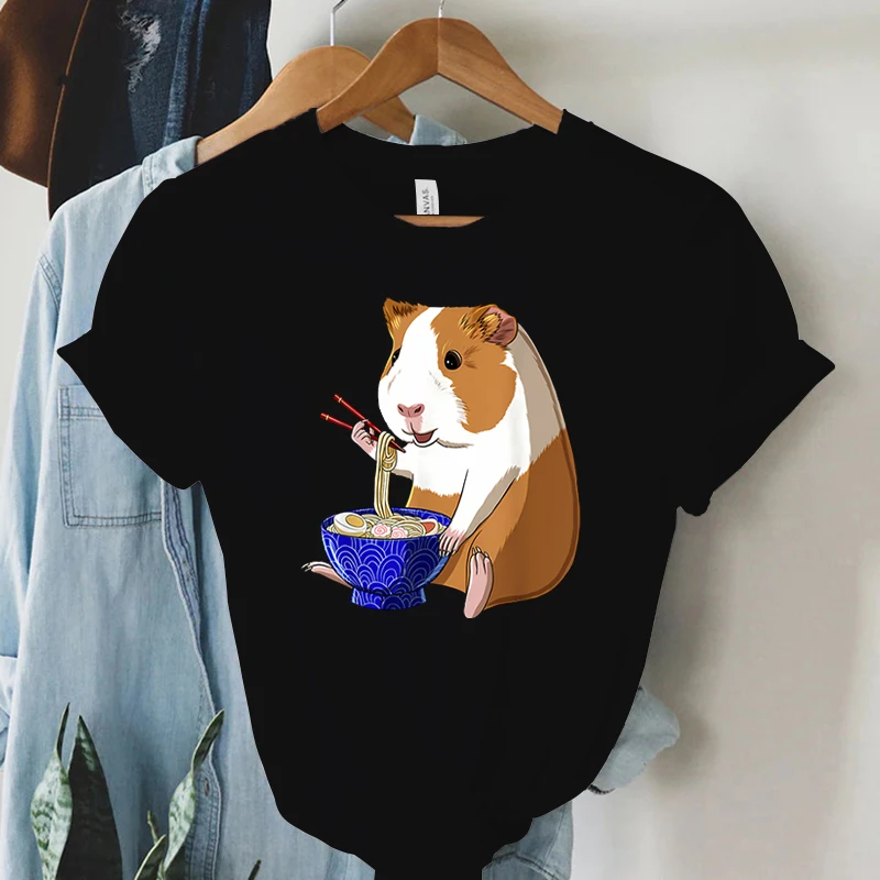 Harajuku Guinea Pig Noodles Ramen T Shirt Women Summer Crewneck Tshirt Cartoon Fashion Guinea Pig Tee Women Short Sleeve T-shirt