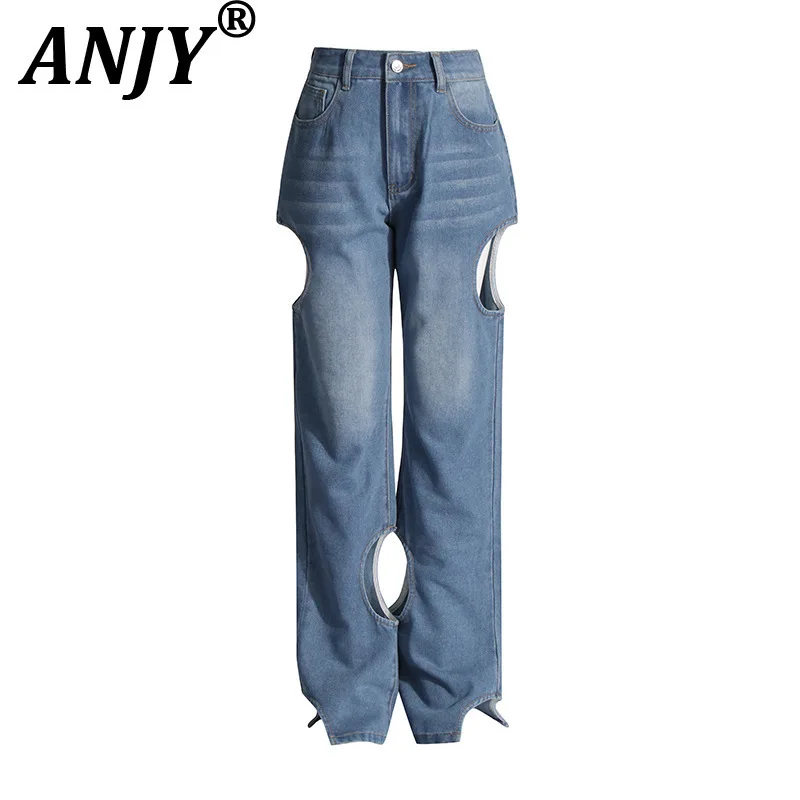 

ANJY Summer New Women's Trendy Vintage Original Hollow Out Design High Waisted Denim Pants Casual Versatile Straight Jeans A7181