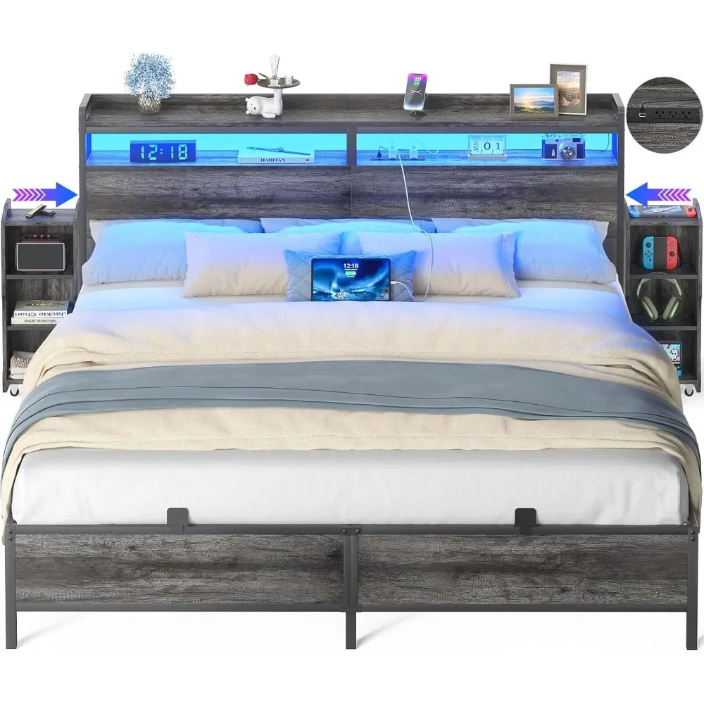 King Size Bed Frame with Bookcase Storage Headboard and LED Light, King Bed with Slide Out Bedside Cabinet and Power Outlet